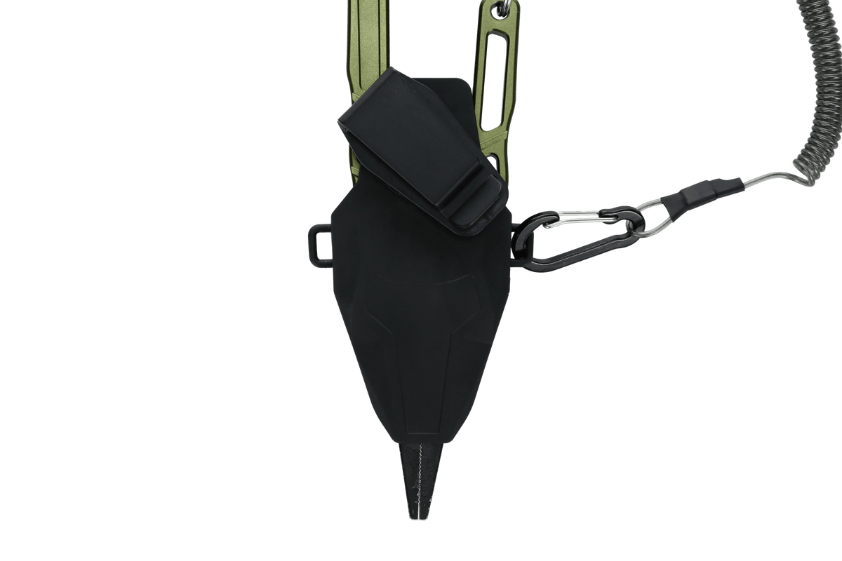 Black dog muzzle with green harness and coiled leash on a transparent background