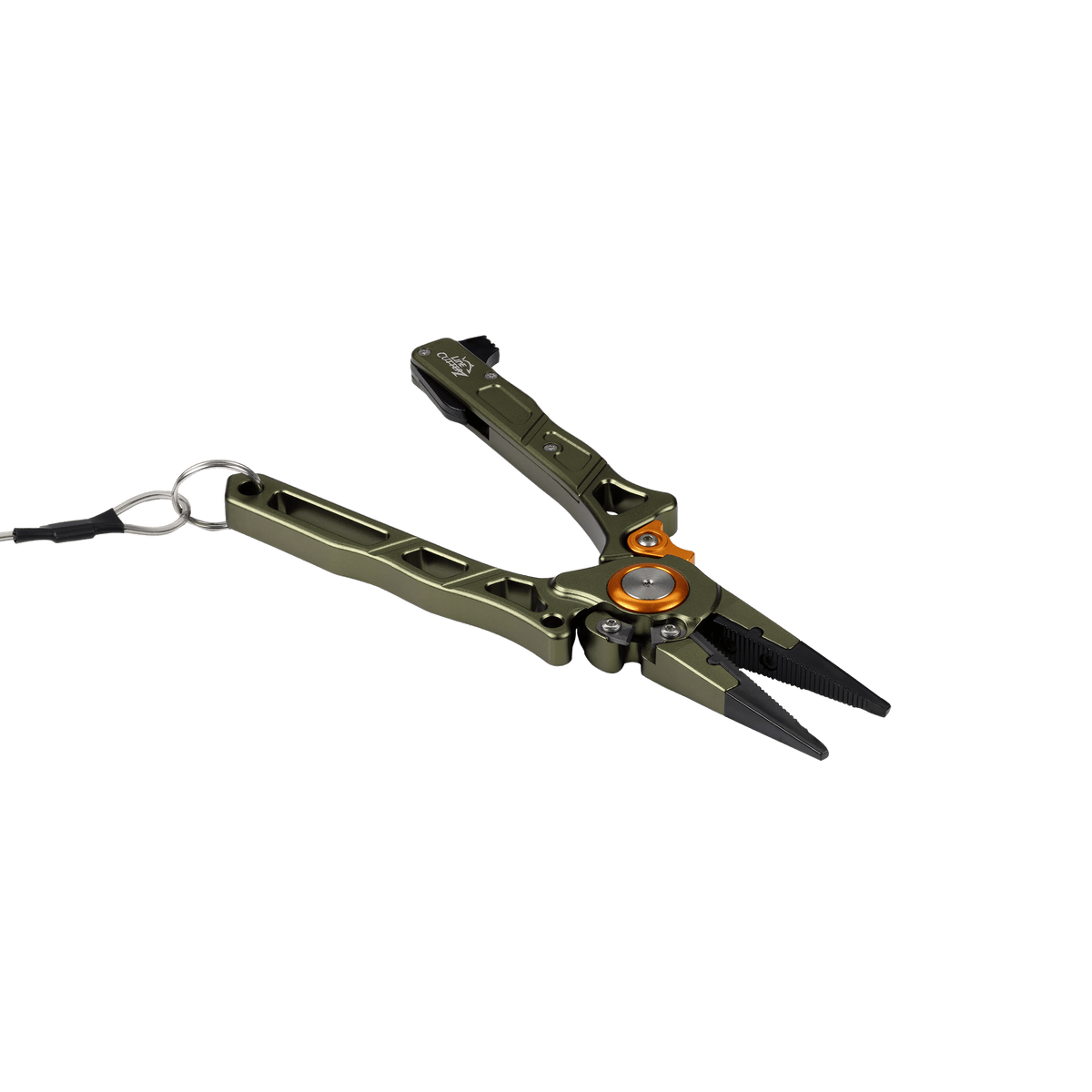 A pair of multi-tool pliers in olive green and black, featuring a central orange accent ring and a silver carabiner clip on the handle, shown against a solid green background.