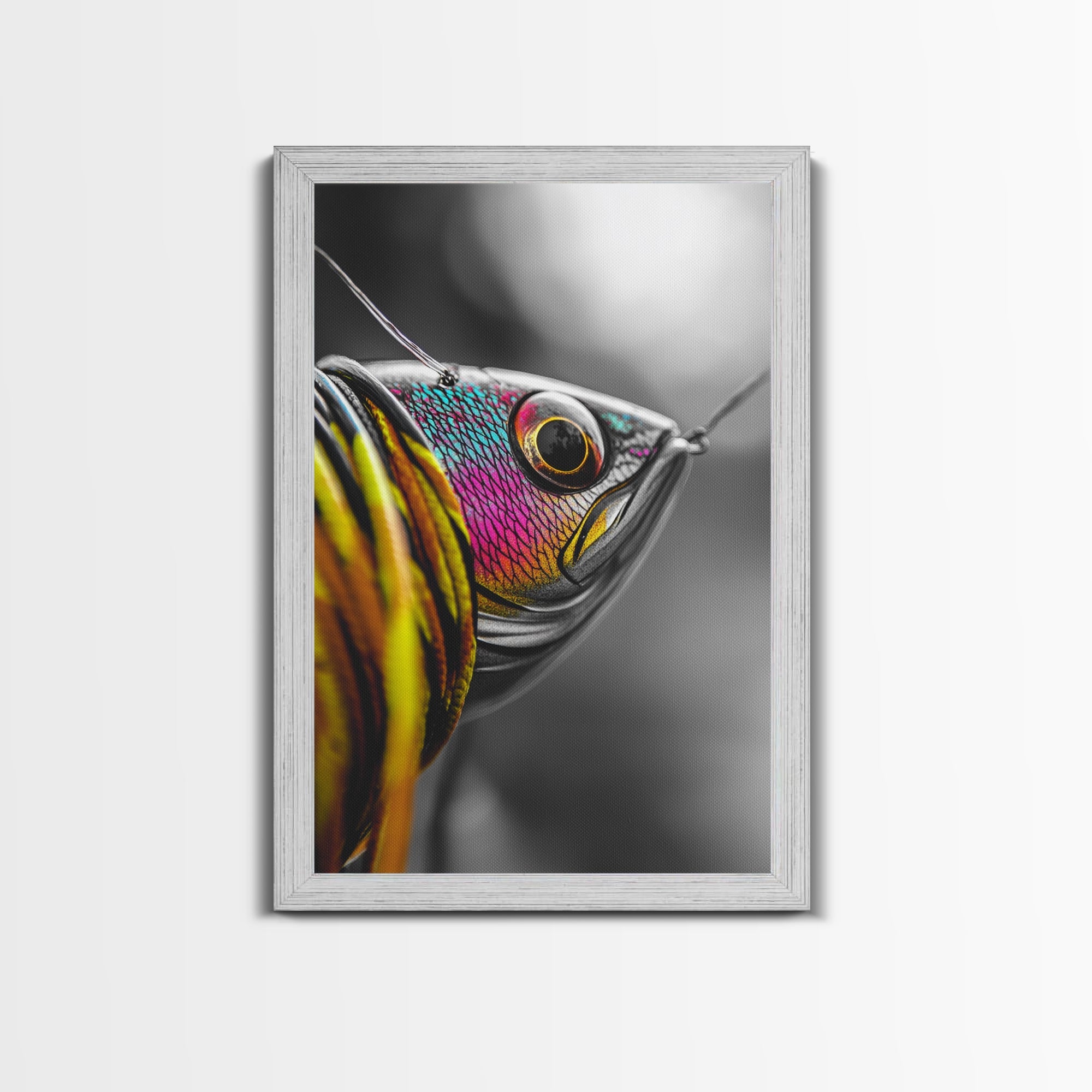 Colorful Lure, Fishing Hook, Bold Scales, Rainbow Detail, Framed Canvas Print, Man Cave Art, Fishing Decor, Vibrant Realism W