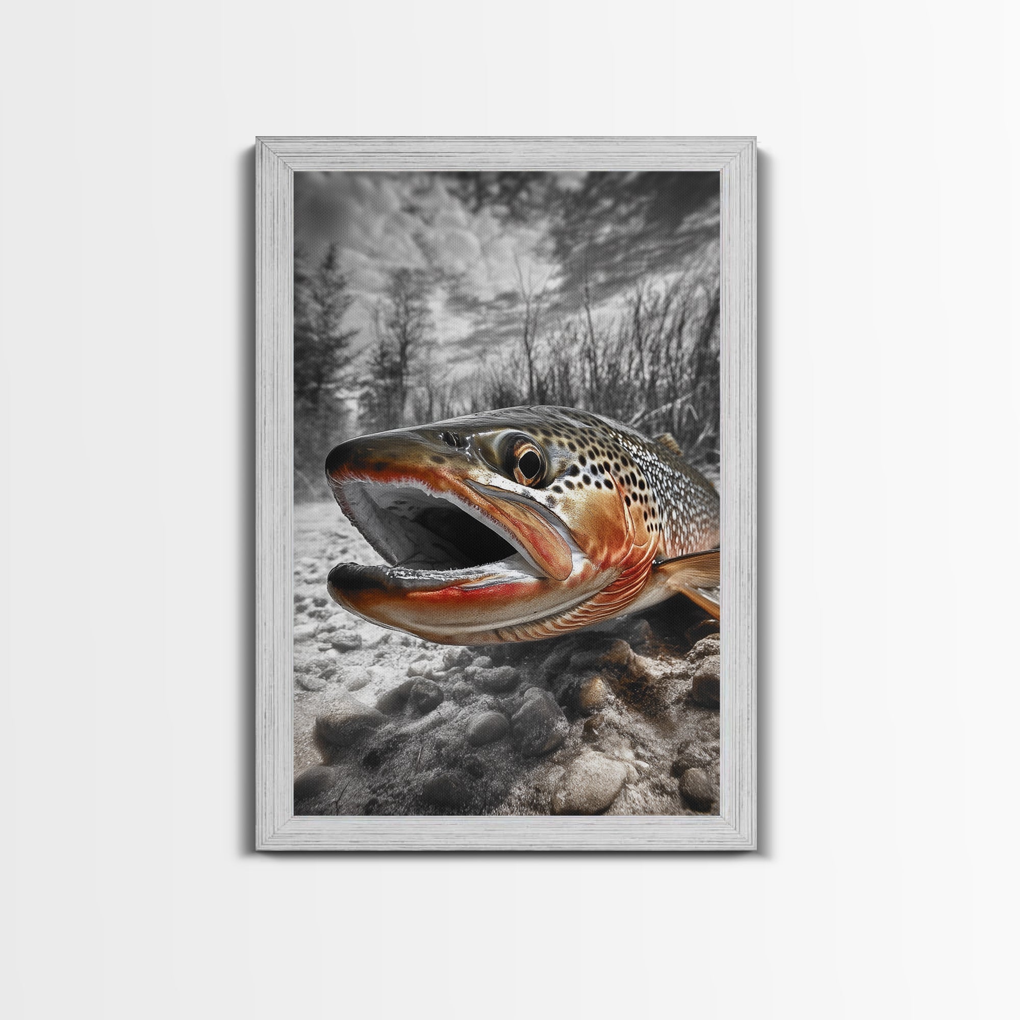 Brown Trout Closeup, Riverbed Focus, Dramatic Fish Art, Framed Canvas Print, Fisherman Gift, Cabin Wall Art, Rustic Outdoor D
