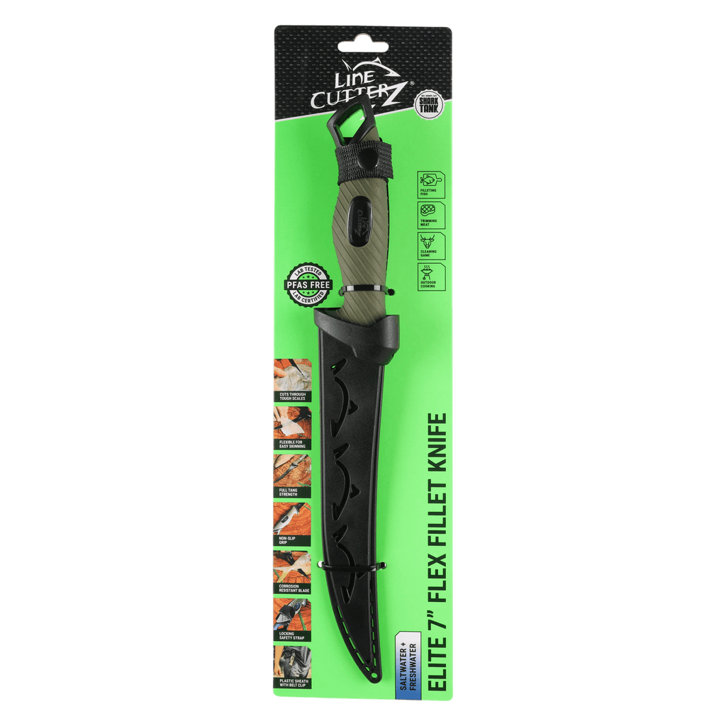 Packaged fillet knife with green background