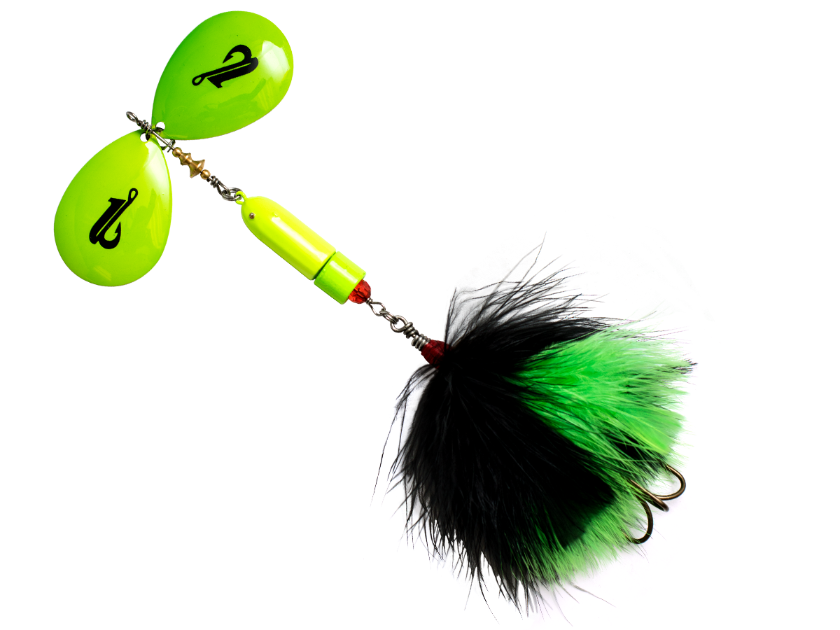 Fishing lure with green and black details on a white background