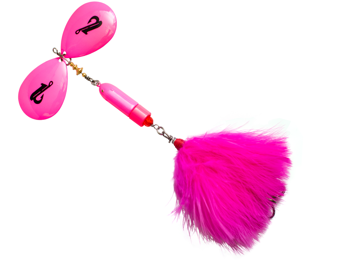 Pink fishing lure with a feathered tail on a white background