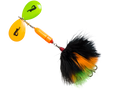 Colorful fishing lure with a green top, orange middle, and black and orange feathers on a white background