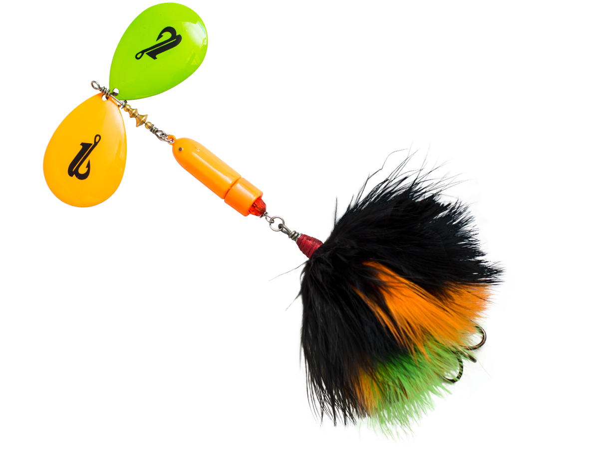 Colorful fishing lure with a green top, orange middle, and black and orange feathers on a white background