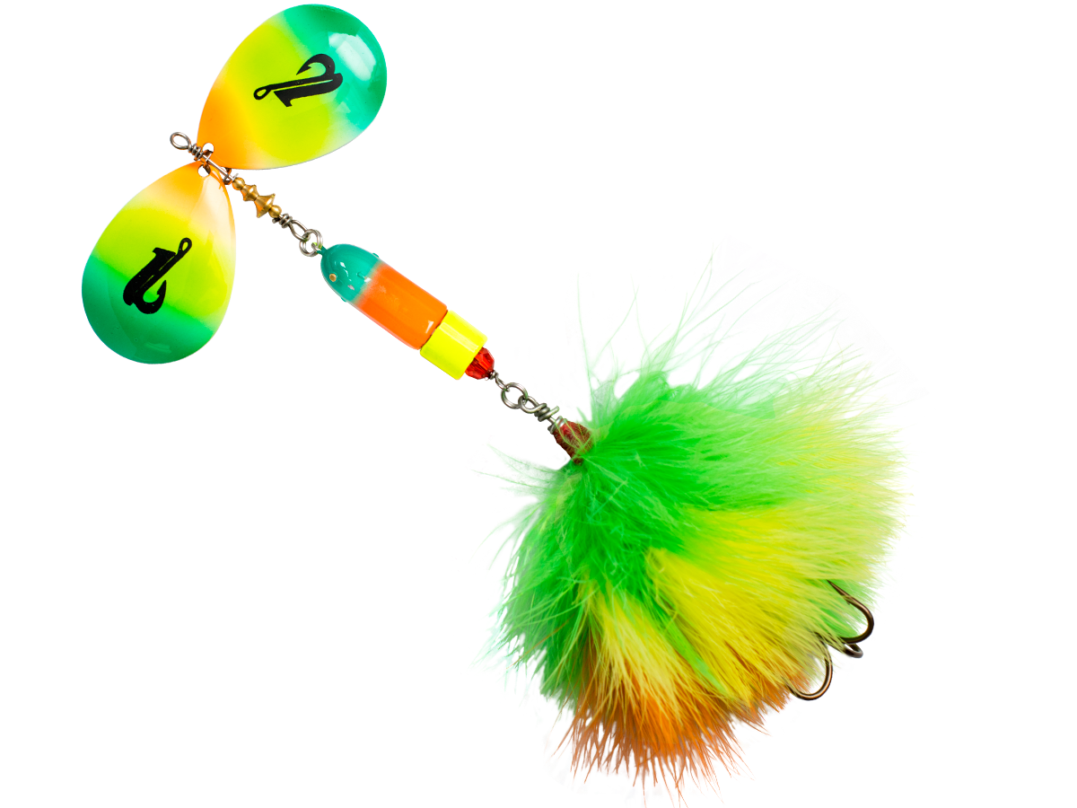 Colorful fishing lure with a green and yellow feathered bobber on a white background