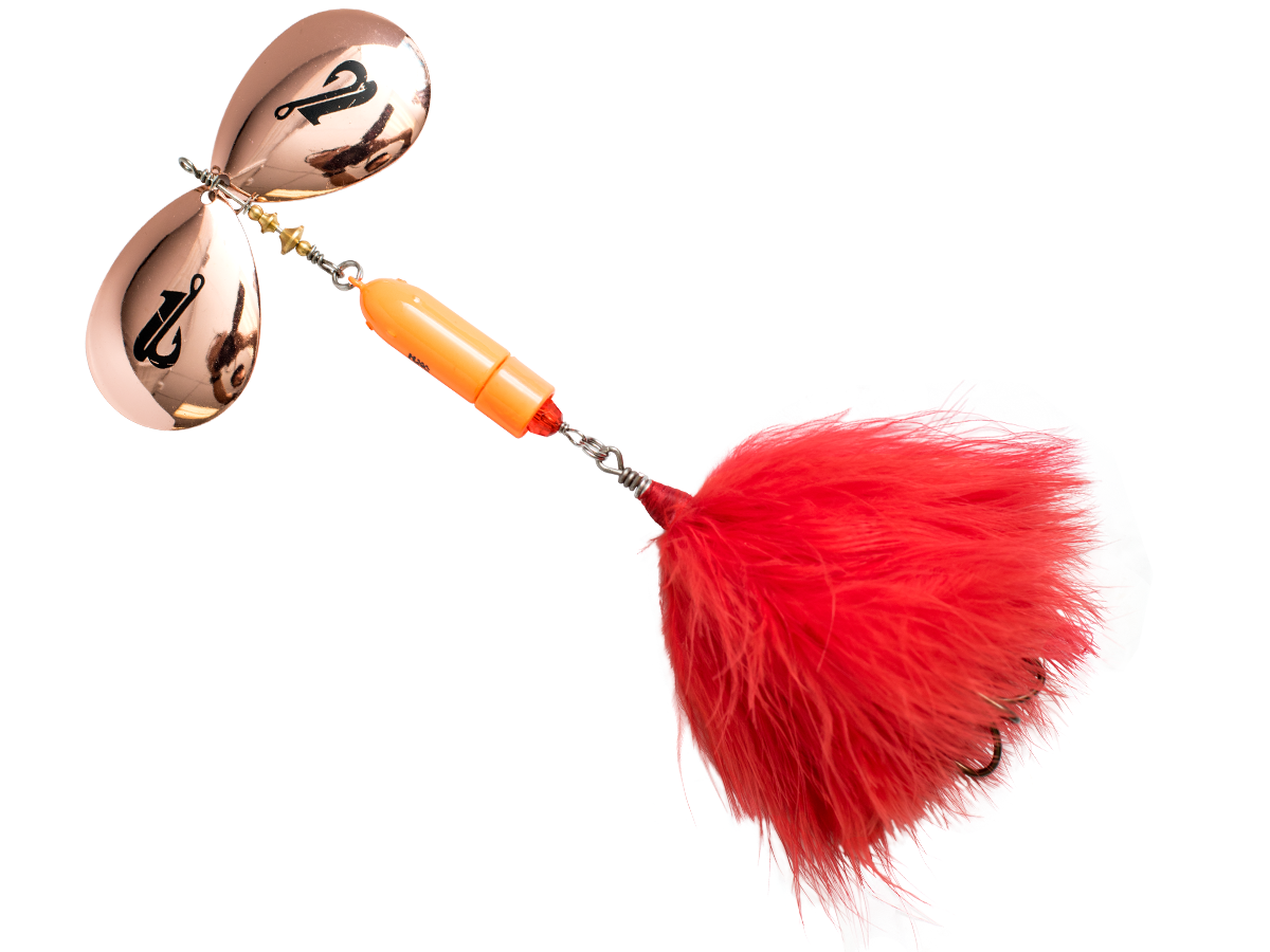 Fishing lure with red feather and orange and gold accents on a white background