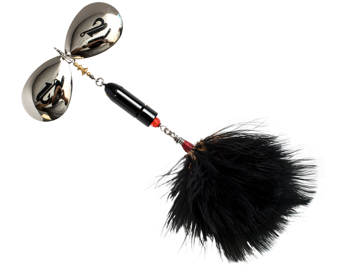 Sex toy with metallic components and a black feathered end on a white background