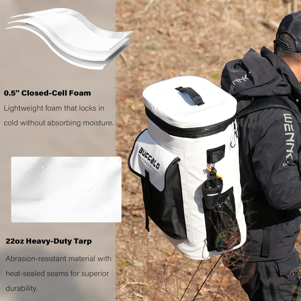 Person wearing a backpack with a cooler bag, featuring text on foam and tarp details.