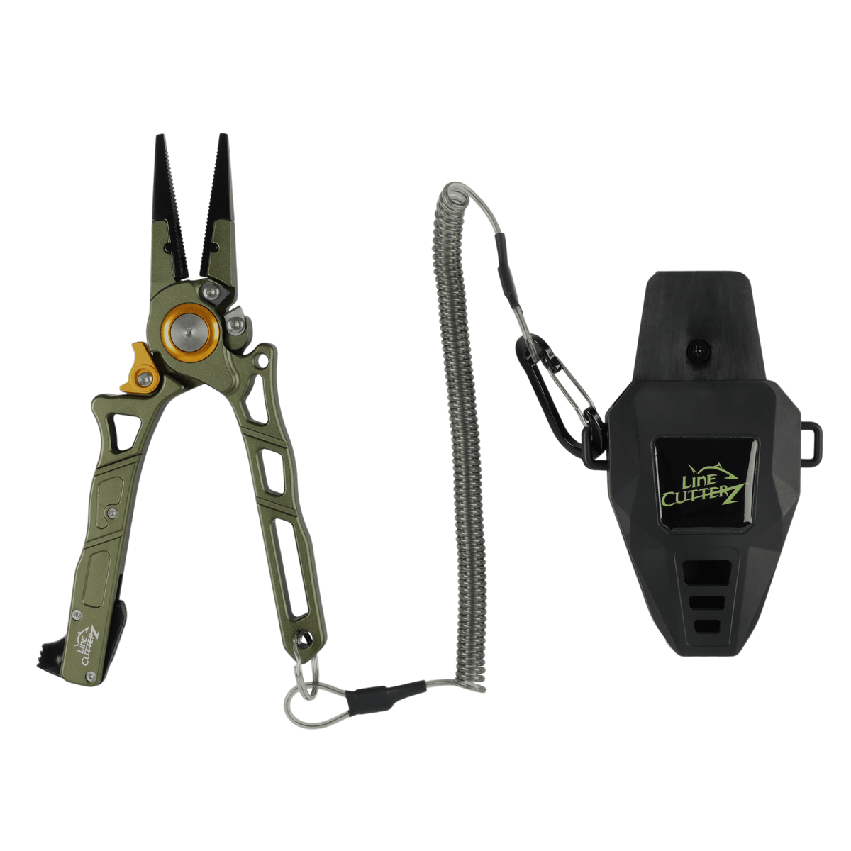 A line cutter tool set on a solid green background, featuring an olive green line cutter with a yellow accent, a silver coiled wrist strap, and a black line cutter holder with a green logo.