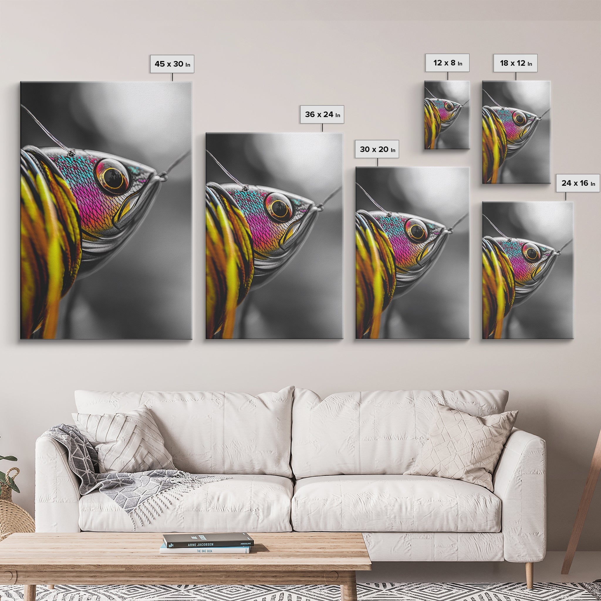 Colorful Lure, Fishing Hook, Bold Scales, Rainbow Detail, Framed Canvas Print, Man Cave Art, Fishing Decor, Vibrant Realism W