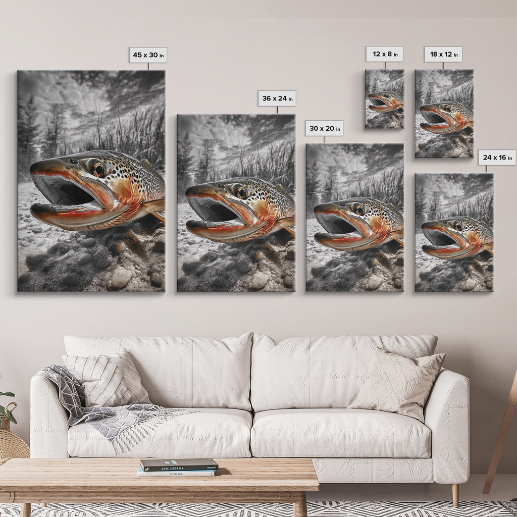 Brown Trout Closeup, Riverbed Focus, Dramatic Fish Art, Framed Canvas Print, Fisherman Gift, Cabin Wall Art, Rustic Outdoor D