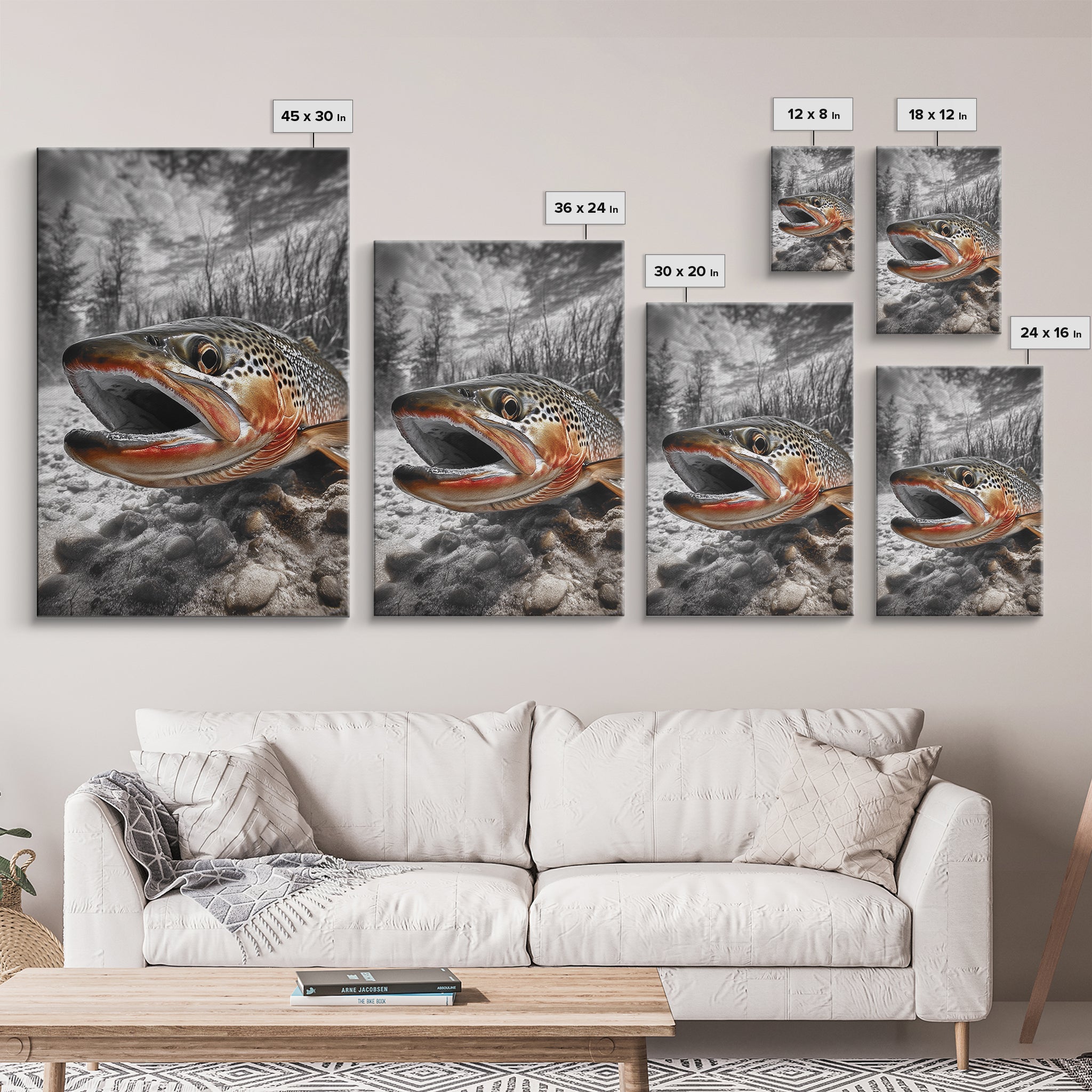 Brown Trout Closeup, Riverbed Focus, Dramatic Fish Art, Framed Canvas Print, Fisherman Gift, Cabin Wall Art, Rustic Outdoor D