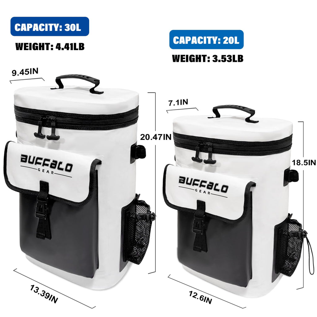 Two cooler bags with dimensions and weight labels on a white background