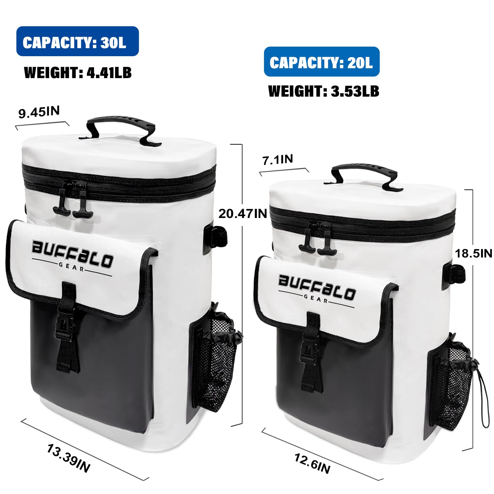 Two cooler bags with dimensions and weight labels on a white background
