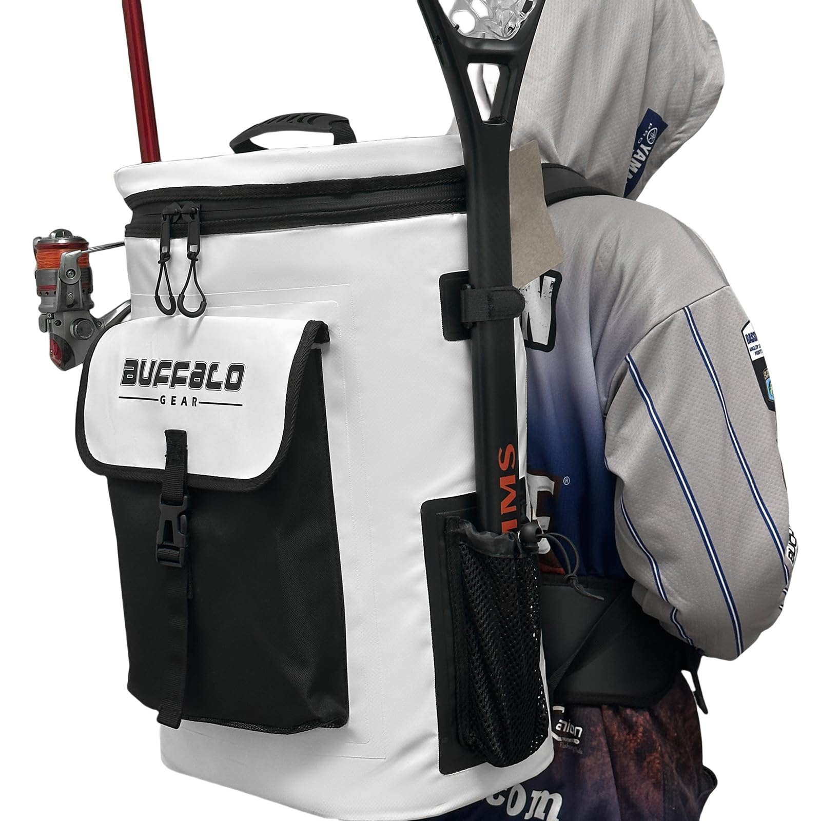 White cooler bag with black accents and a visible brand logo, attached to a backpack with outdoor gear.