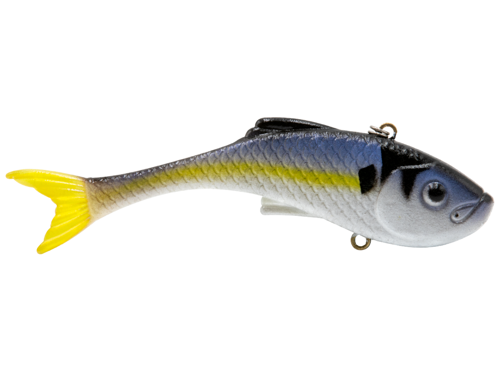 Fishing lure with a yellow tail on a white background