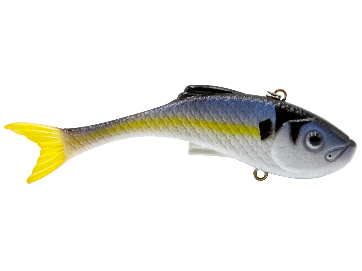 Fishing lure with a yellow tail on a white background