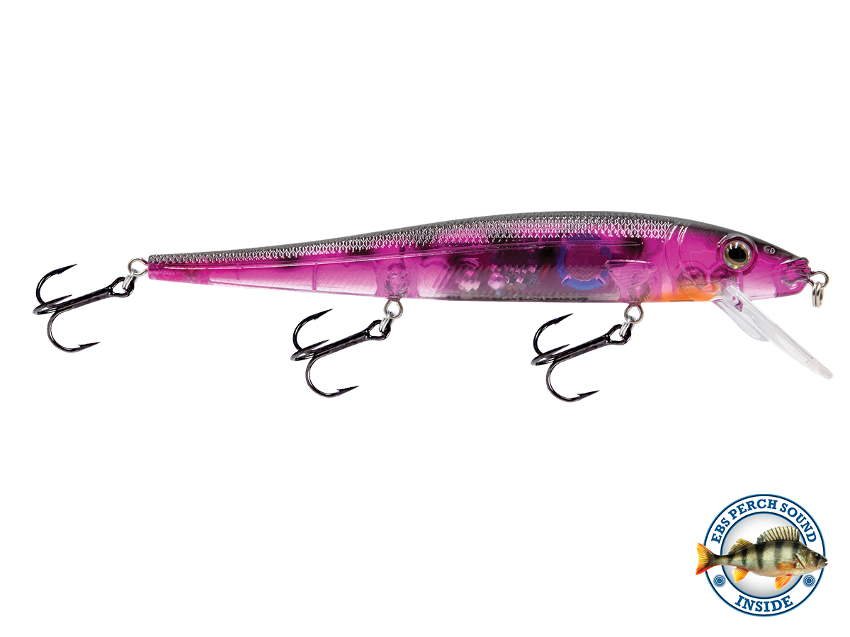 Fishing lure with a pink and purple gradient on a white background, featuring a perch inside logo.