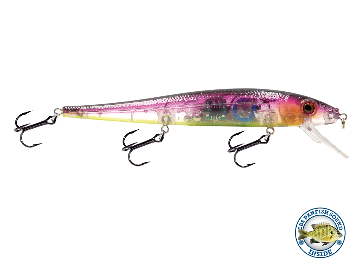 Colorful fishing lure with treble hooks on a white background, featuring a brand logo.