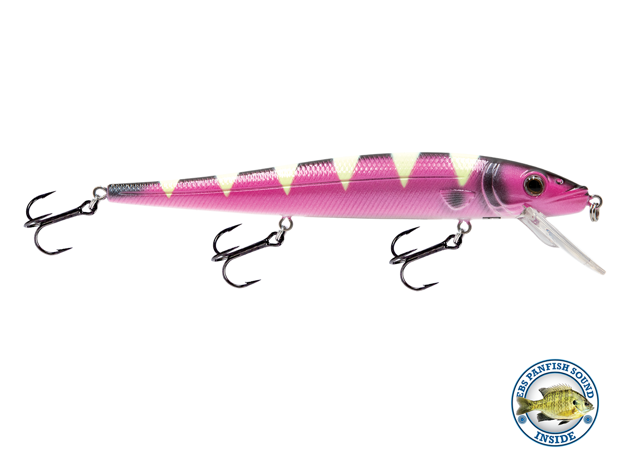 Pink and purple fishing lure with treble hooks on a white background
