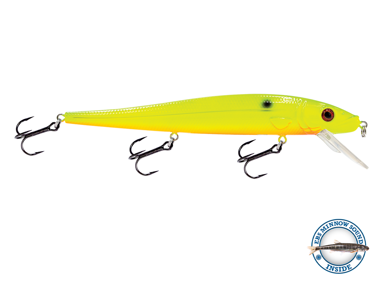 Yellow fishing lure with treble hooks on a white background