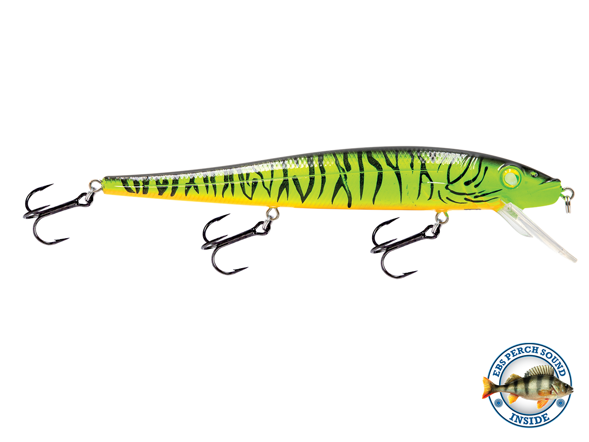Fishing lure with tiger stripe pattern on a white background