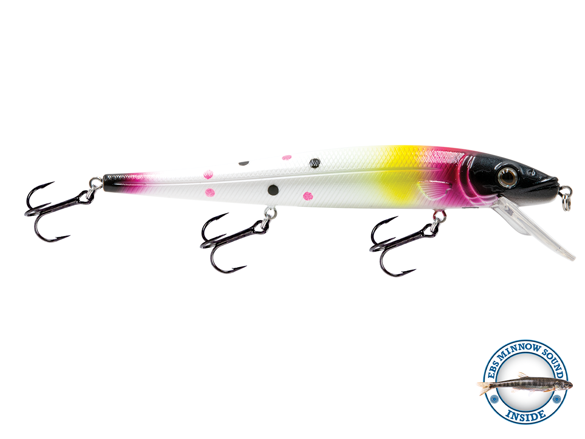 Colorful fishing lure with a brand logo on a white background