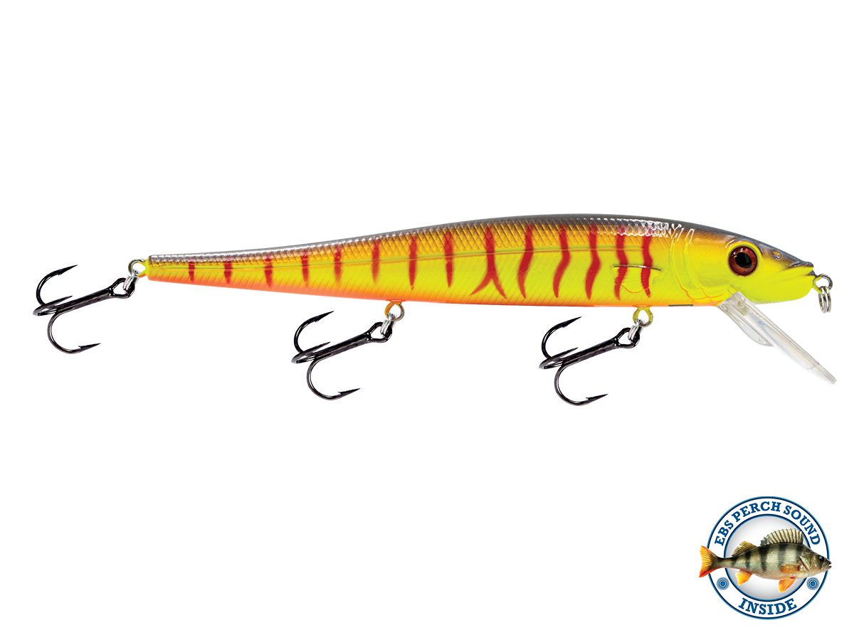 Fishing lure with tiger stripe pattern on a white background