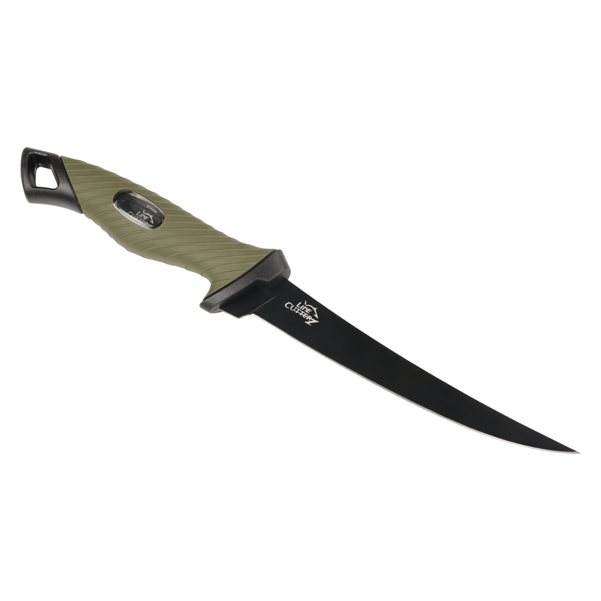 Fishing knife with green handle on a white background