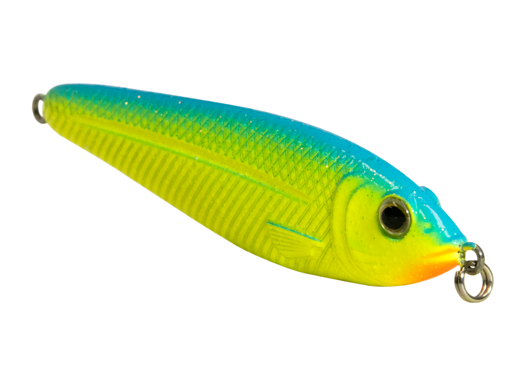 Fishing lure with a blue and yellow gradient on a white background