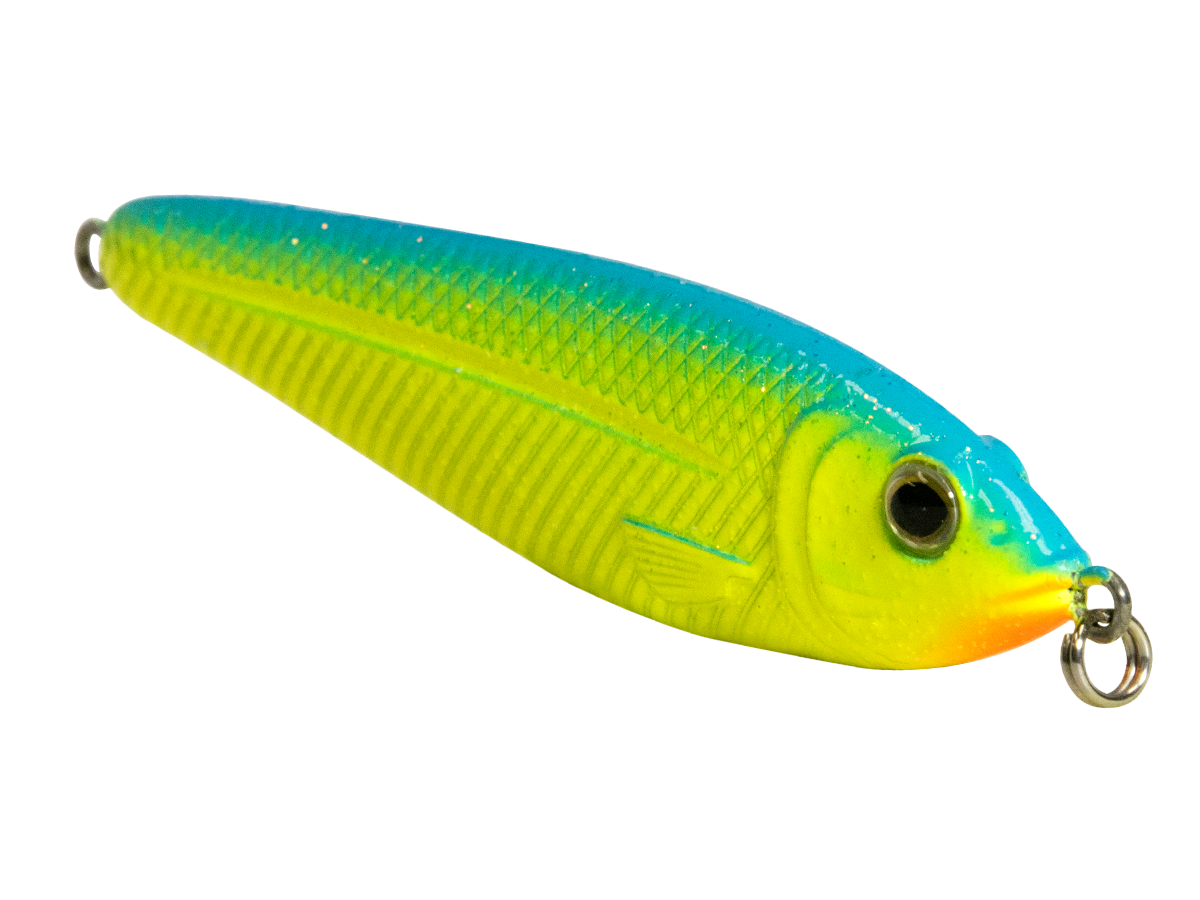 Fishing lure with a blue and yellow gradient on a white background