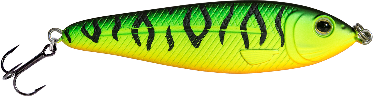 Fishing lure with tiger stripe pattern on a green and yellow background