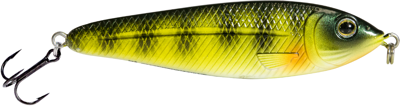 Fishing lure with a green and yellow body and black hook on a white background