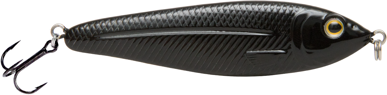 Black fishing lure with a detailed design on a white background