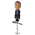 Bobblehead figure with a propeller and fishing hook on a transparent background
