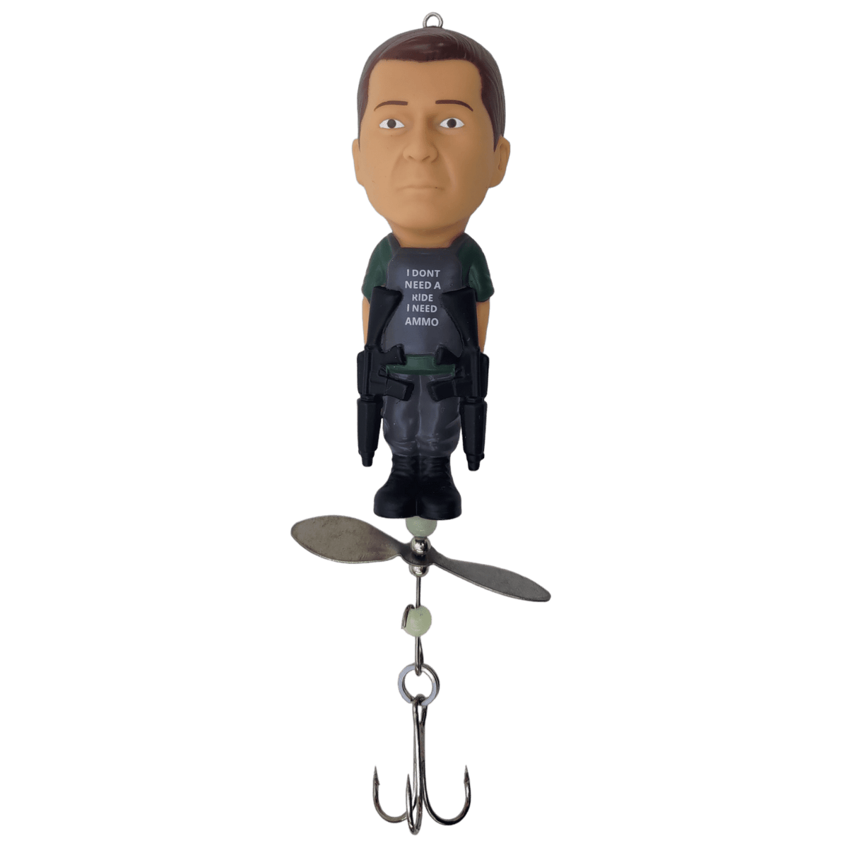 Bobblehead figure with a propeller and fishing hook on a transparent background