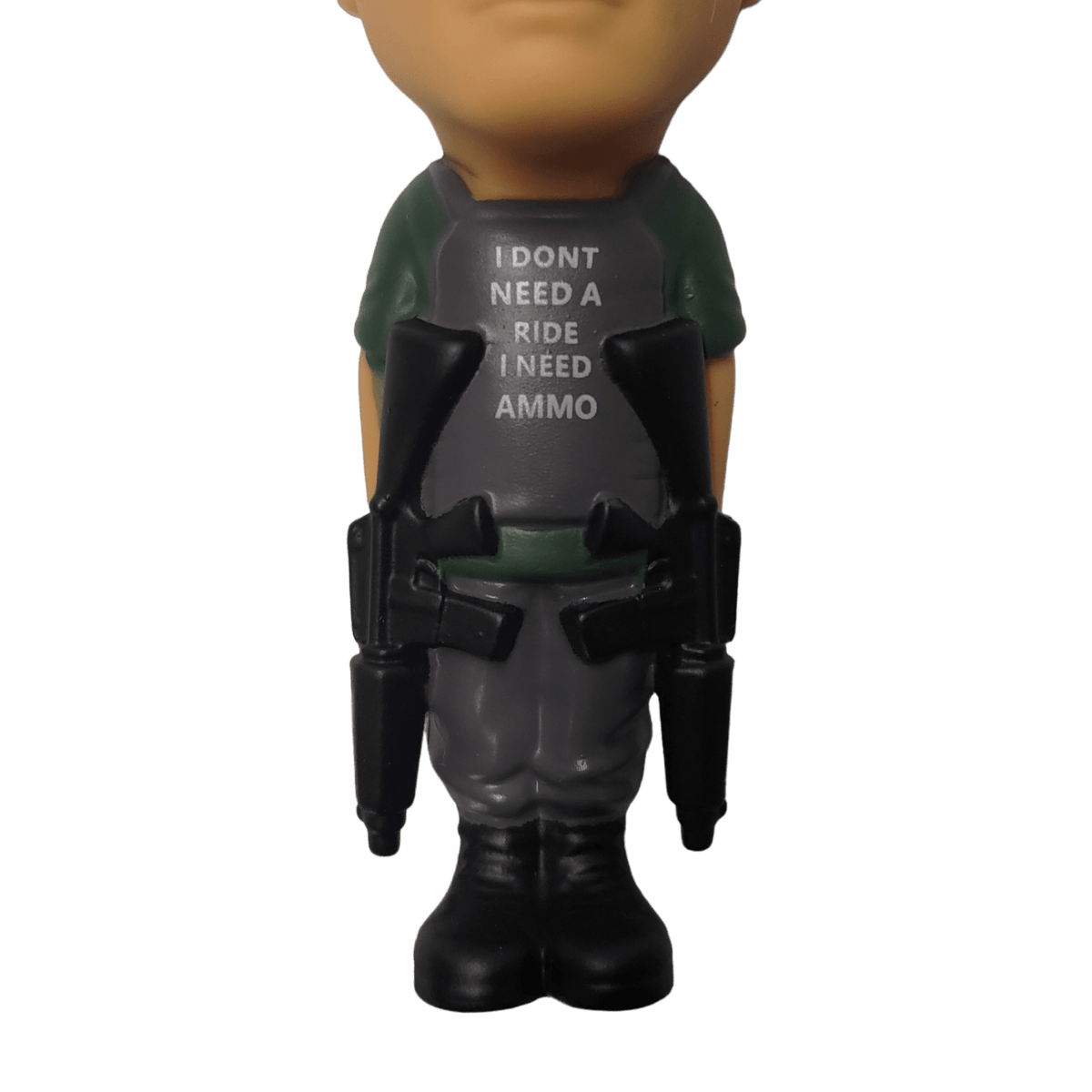 Bobblehead figure in military attire with text on the back, on a transparent background
