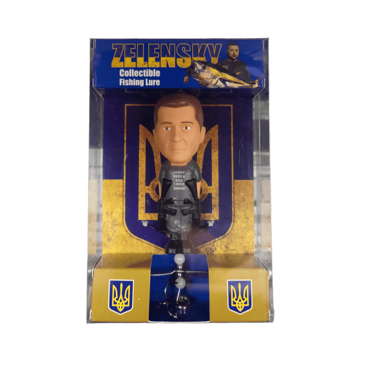 Collectible fishing lure with a figure in packaging, featuring branding and design elements.