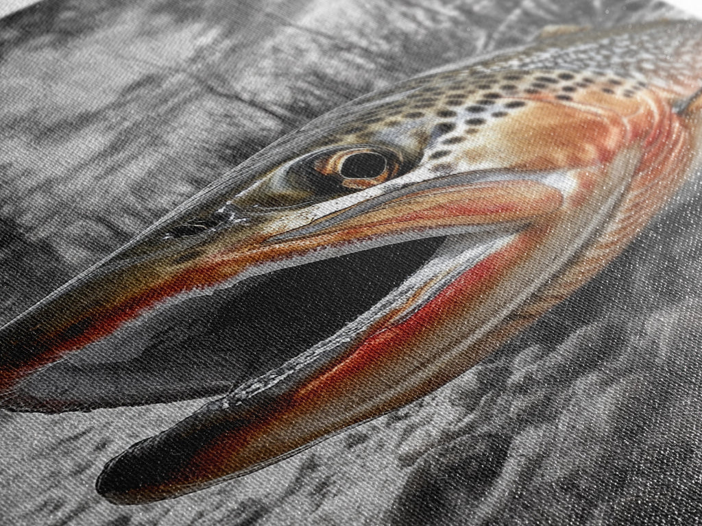Brown Trout Closeup, Riverbed Focus, Dramatic Fish Art, Framed Canvas Print, Fisherman Gift, Cabin Wall Art, Rustic Outdoor D
