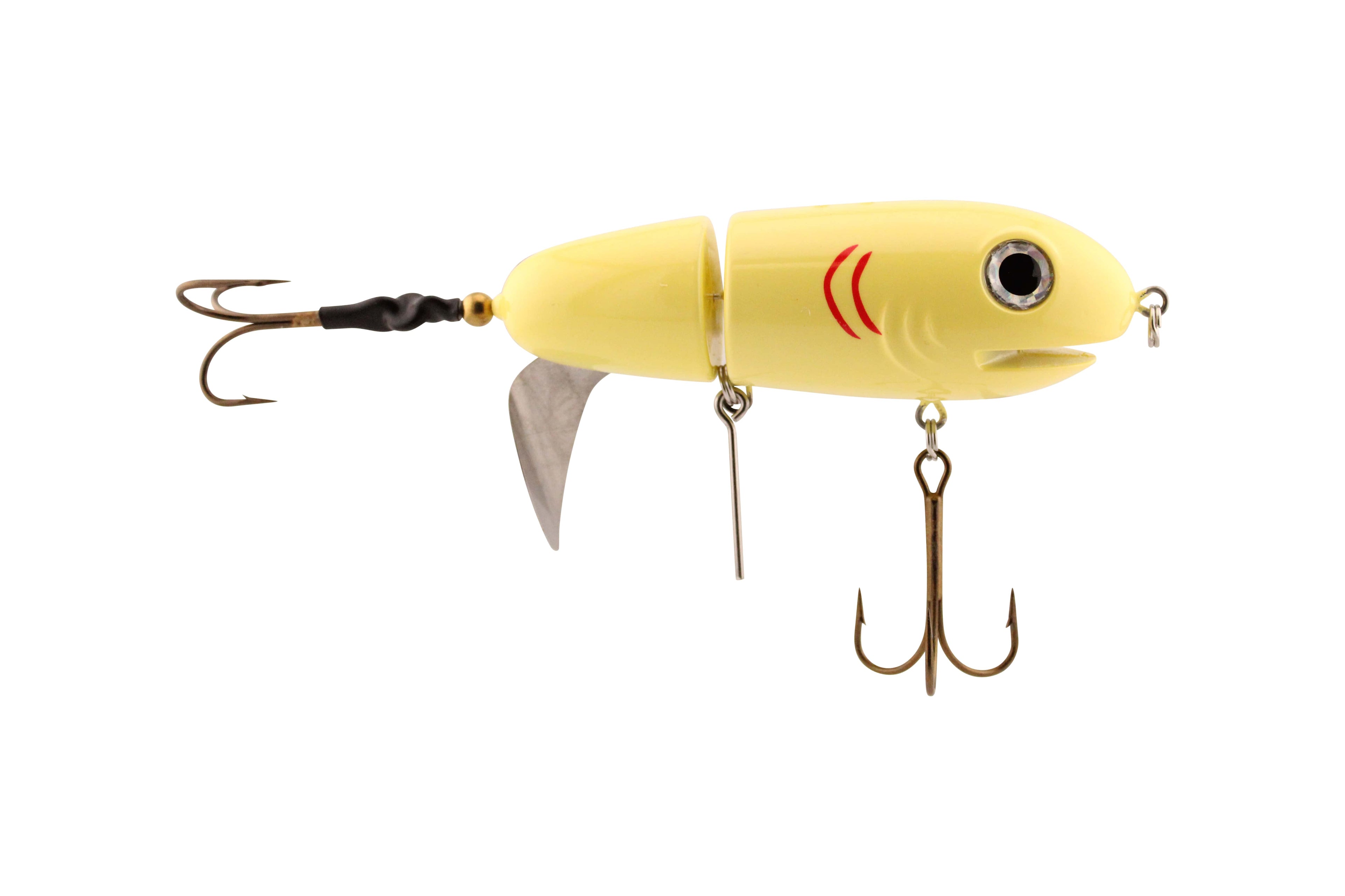 Yellow fishing lure with a white background