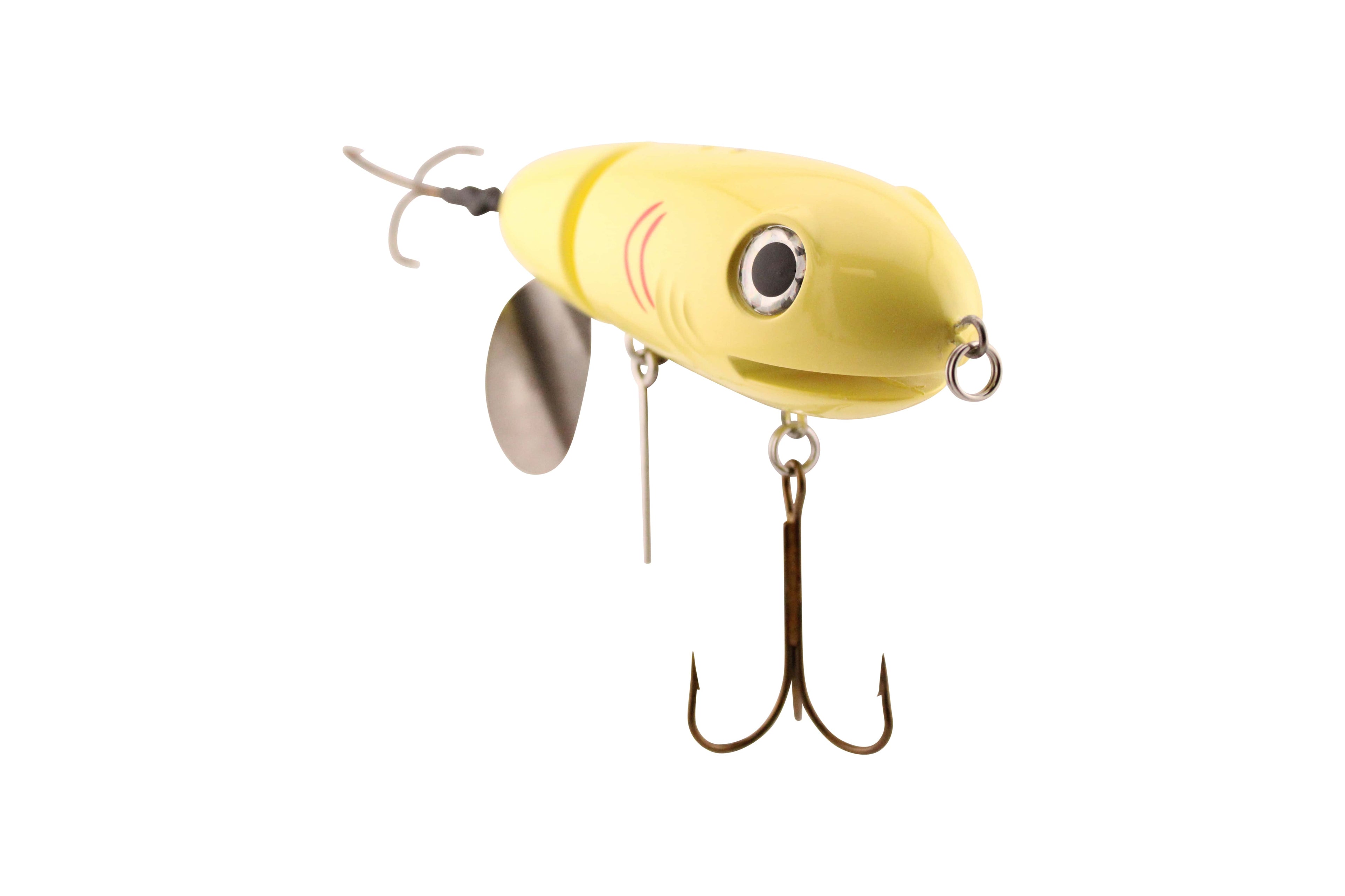 Yellow fishing lure with a propeller on a white background