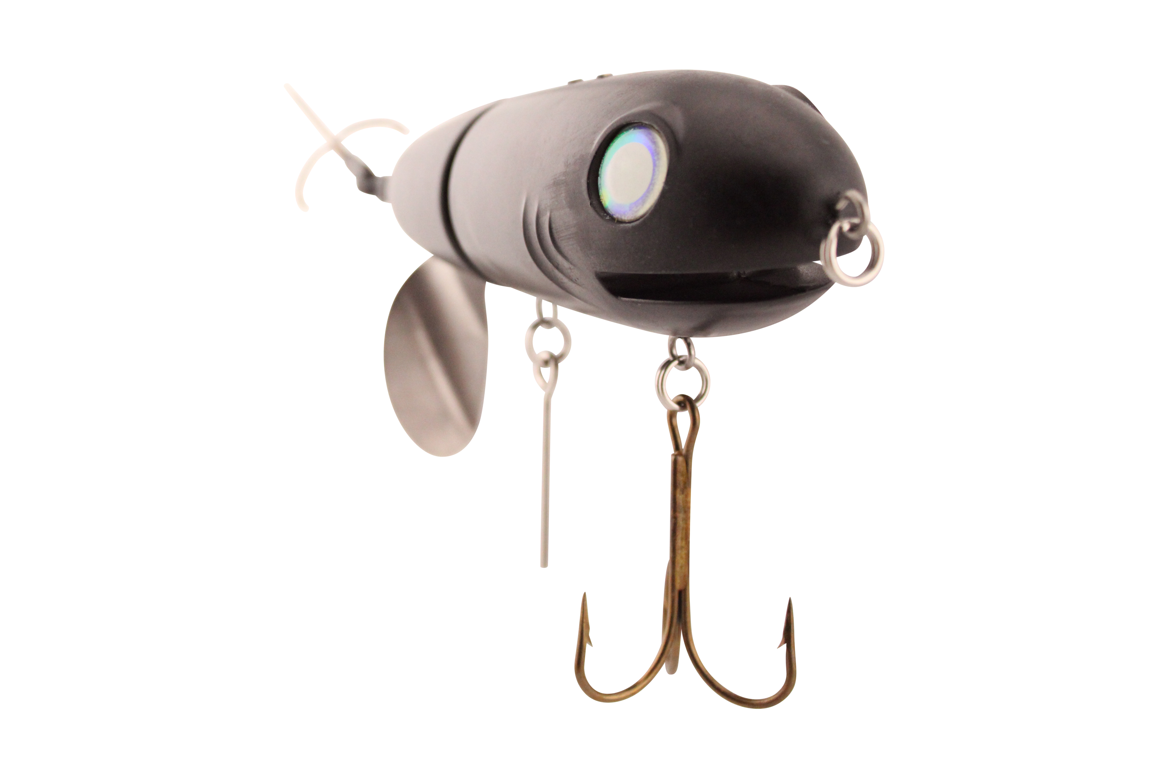 Fishing lure with propeller and treble hooks on a white background