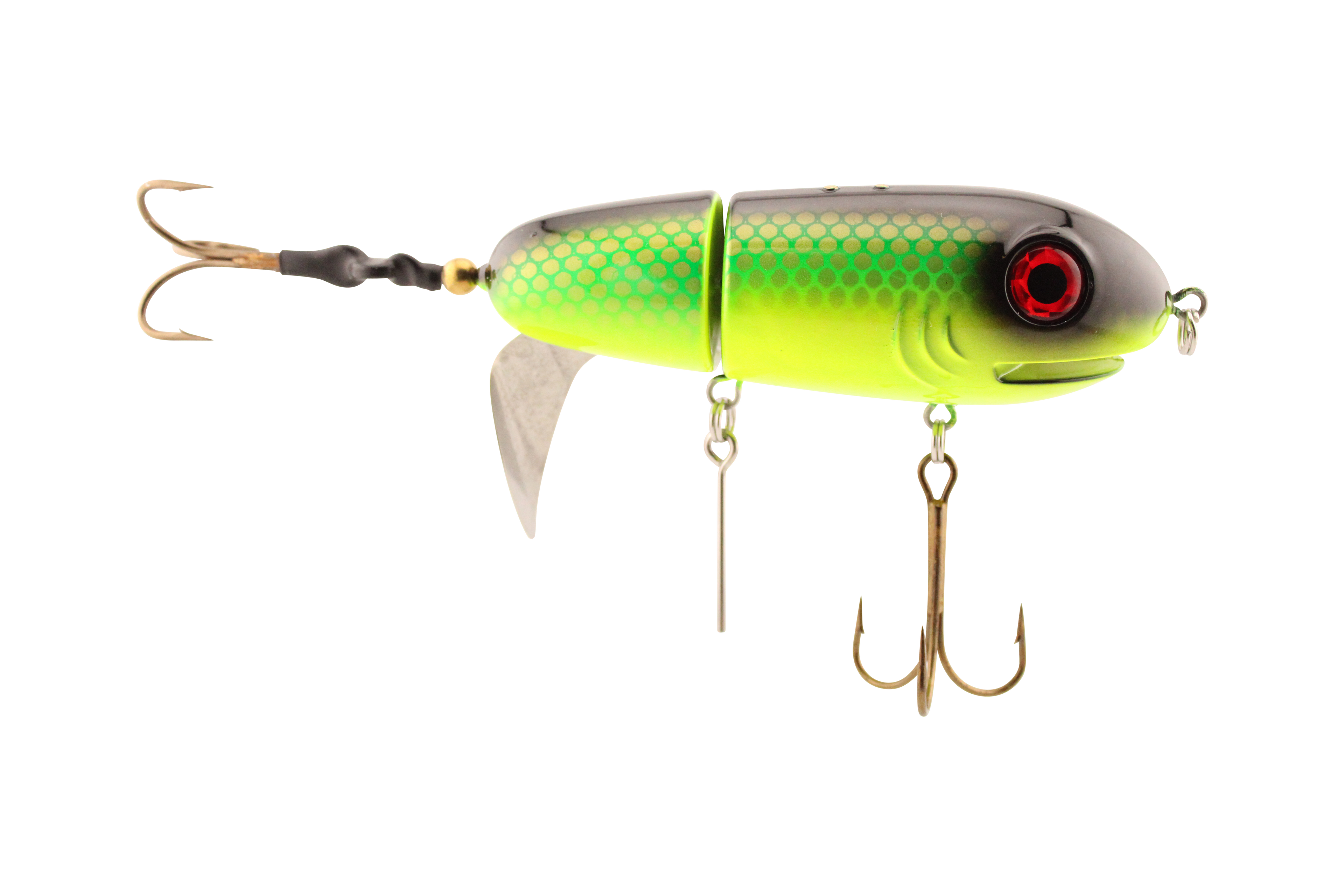 Fishing lure with a green and silver body on a white background