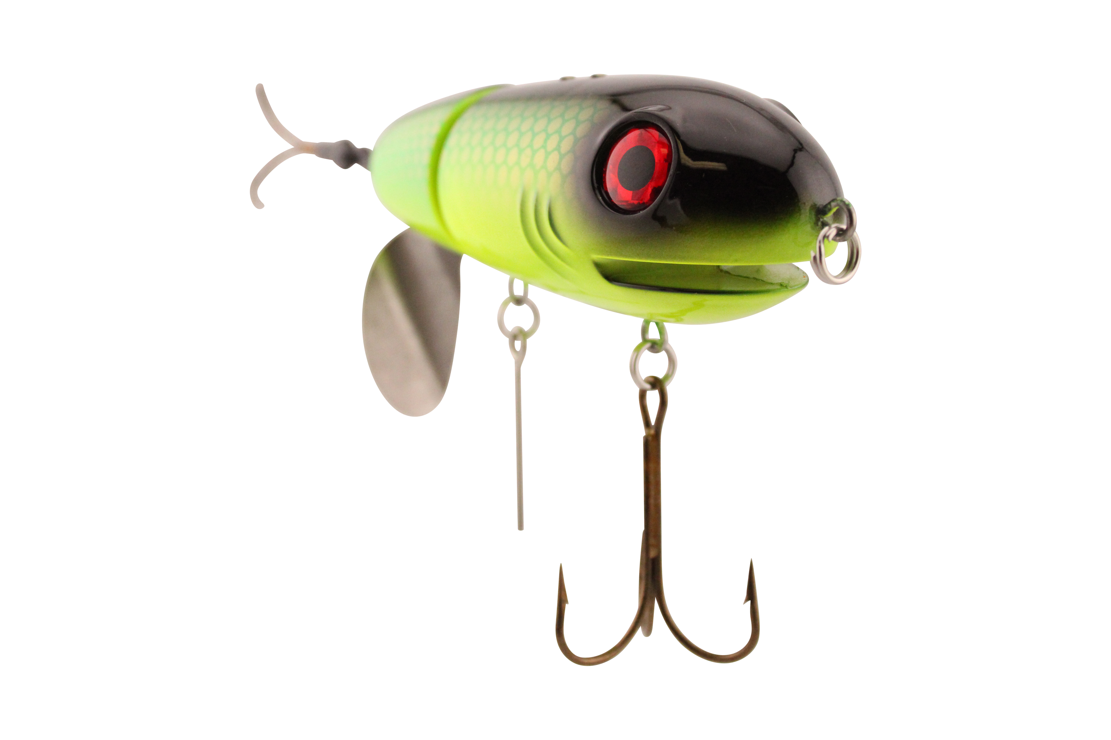 Fishing lure with a green body and black top on a white background