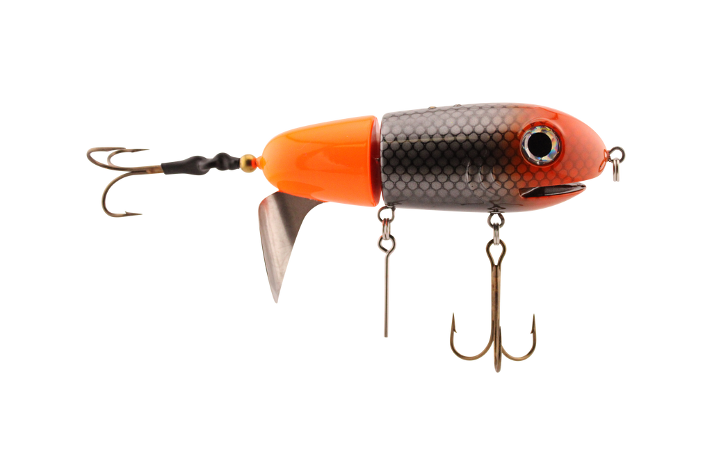 Fishing lure with orange and brown colors on a white background