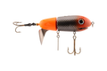 Fishing lure with orange and brown colors on a white background