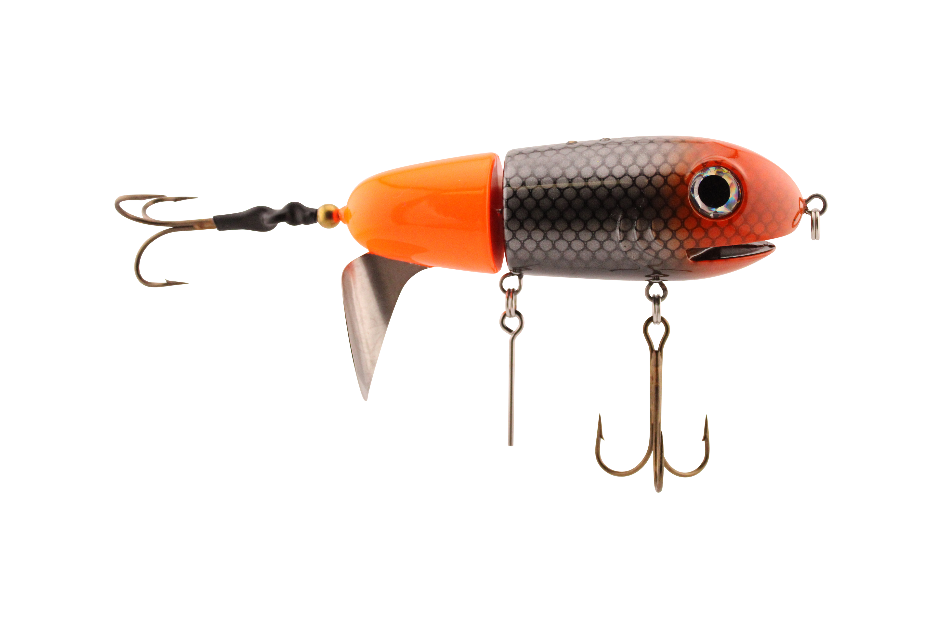 Fishing lure with orange and brown colors on a white background