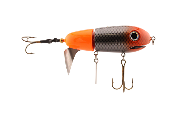 Fishing lure with orange and brown colors on a white background