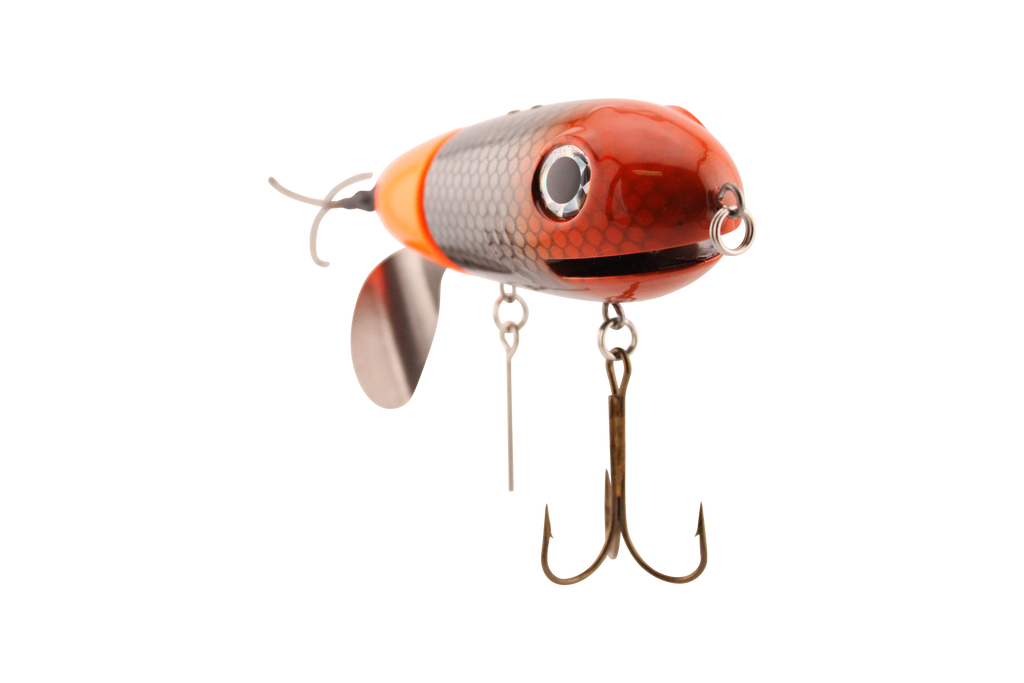Fishing lure with orange and silver body on a white background
